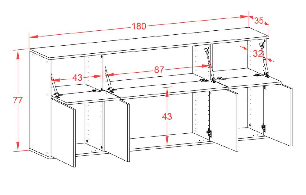 Stil Zeit Möbel Sideboard Roseville, Weiß, hängend (180x79x35cm) Valentinstagsangebot