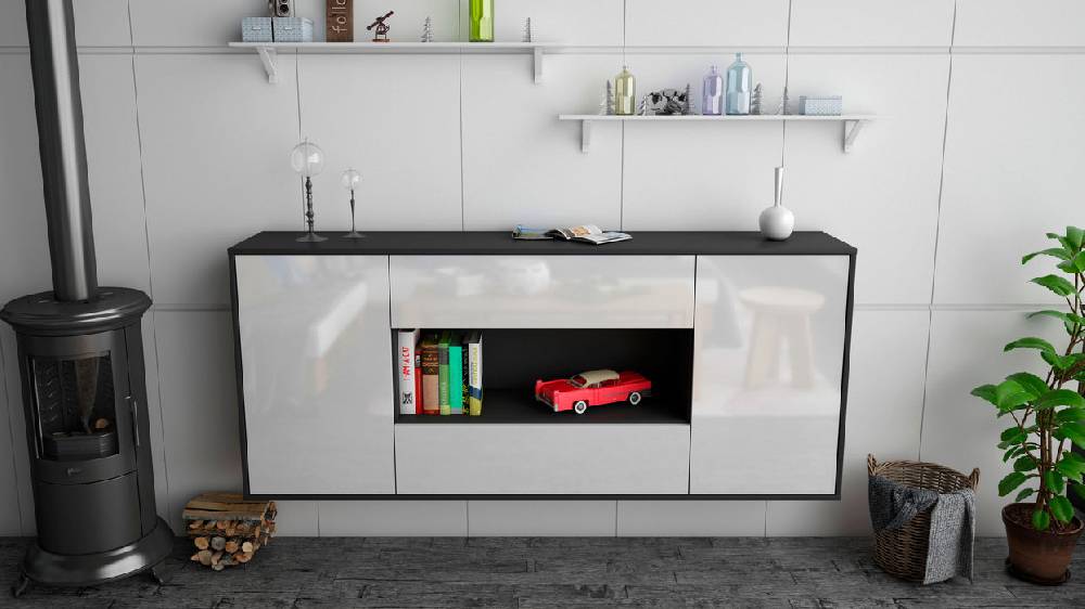 Stil Zeit Möbel Sideboard Denton, Weiß, hängend (180x79x35cm) Räumungsverkauf