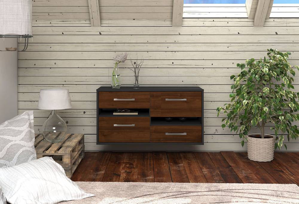 Stil Zeit Möbel Lowboard Boston, Walnuss, hängend mit Griffen (92x49x35cm) Vierteljährliche Förderung