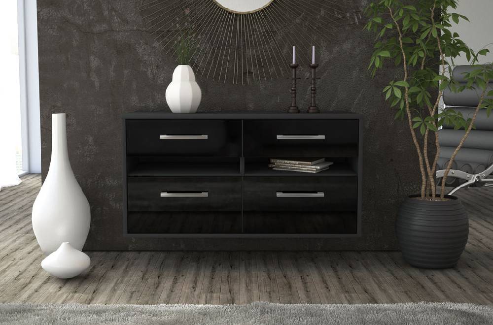 Stil Zeit Möbel Lowboard Milwaukee, Schwarz, hängend mit Griffen (92x49x35cm) Black Friday Preise
