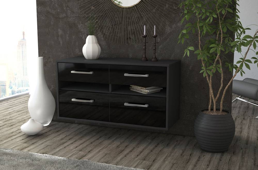 Stil Zeit Möbel Lowboard Milwaukee, Schwarz, hängend mit Griffen (92x49x35cm) Black Friday Preise