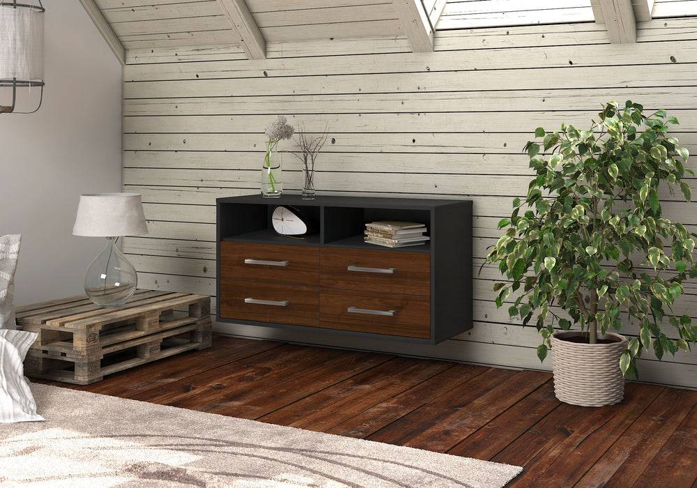 Stil Zeit Möbel Lowboard El Paso, Walnuss, hängend mit Griffen (92x49x35cm) Sonderangebot
