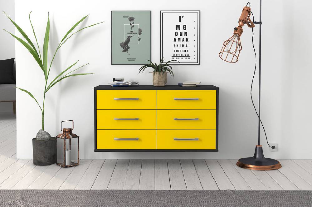 Stil Zeit Möbel Lowboard Baltimore, Gelb, hängend mit Griffen (92x49x35cm) Online Shopping