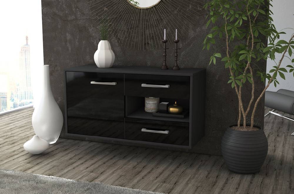 Stil Zeit Möbel Lowboard Charlotte, Schwarz, hängend mit Griffen (92x49x35cm) Neuheiten