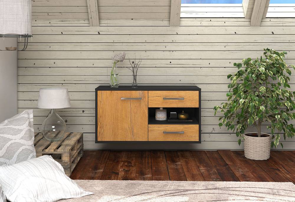 Stil Zeit Möbel Lowboard Charlotte, Eiche, hängend mit Griffen (92x49x35cm) Sonderangebote