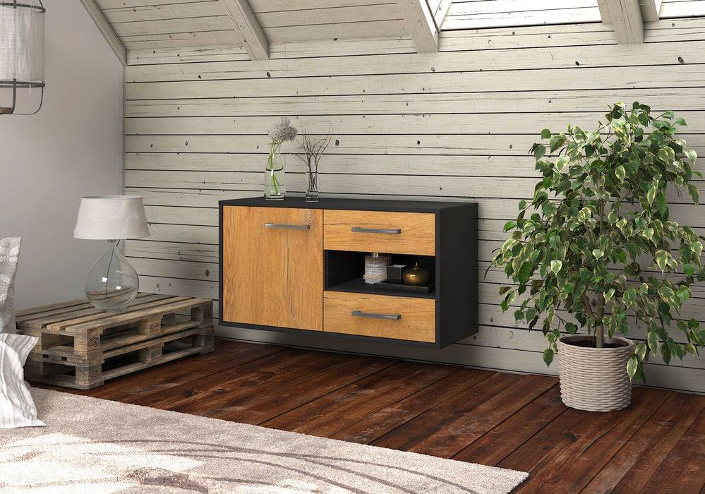 Stil Zeit Möbel Lowboard Charlotte, Eiche, hängend mit Griffen (92x49x35cm) Sonderangebote