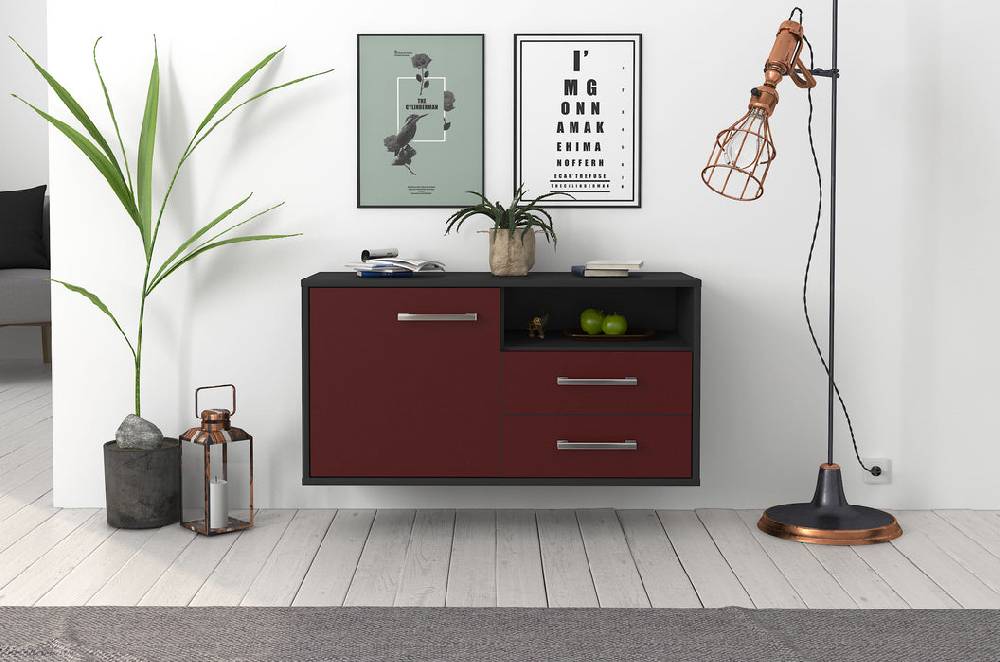 Stil Zeit Möbel Lowboard Memphis, Bordeaux, hängend mit Griffen (92x49x35cm) Tiefpreis