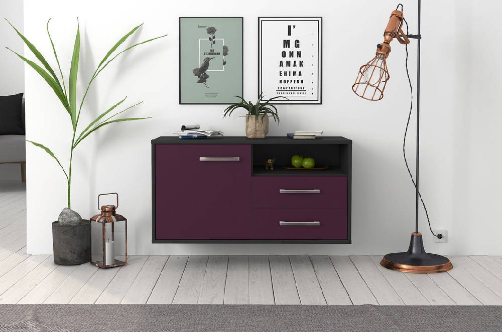 Stil Zeit Möbel Lowboard Memphis, Lila, hängend mit Griffen (92x49x35cm) Super Sparpreis