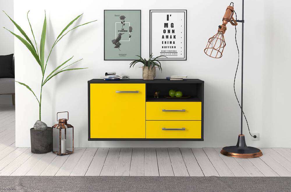 Stil Zeit Möbel Lowboard Memphis, Gelb, hängend mit Griffen (92x49x35cm) Wochenangebot