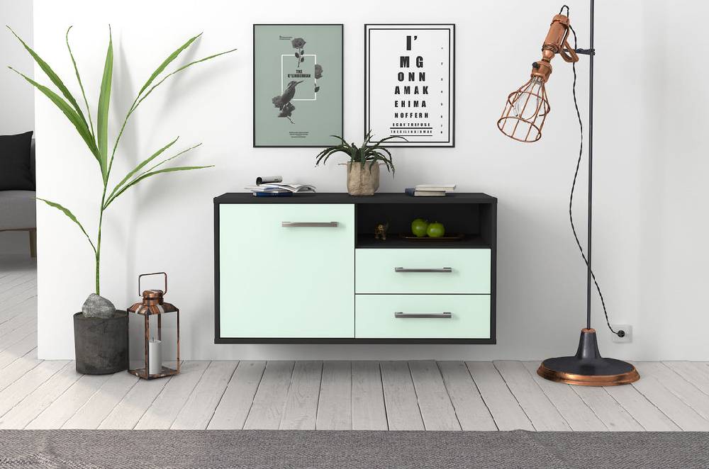 Stil Zeit Möbel Lowboard Memphis, Mint, hängend mit Griffen (92x49x35cm) Kostenlose Rückgabe