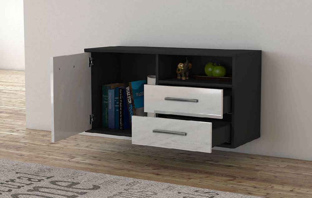 Stil Zeit Möbel Lowboard Memphis, Schwarz, hängend mit Griffen (92x49x35cm) Neueste Stile