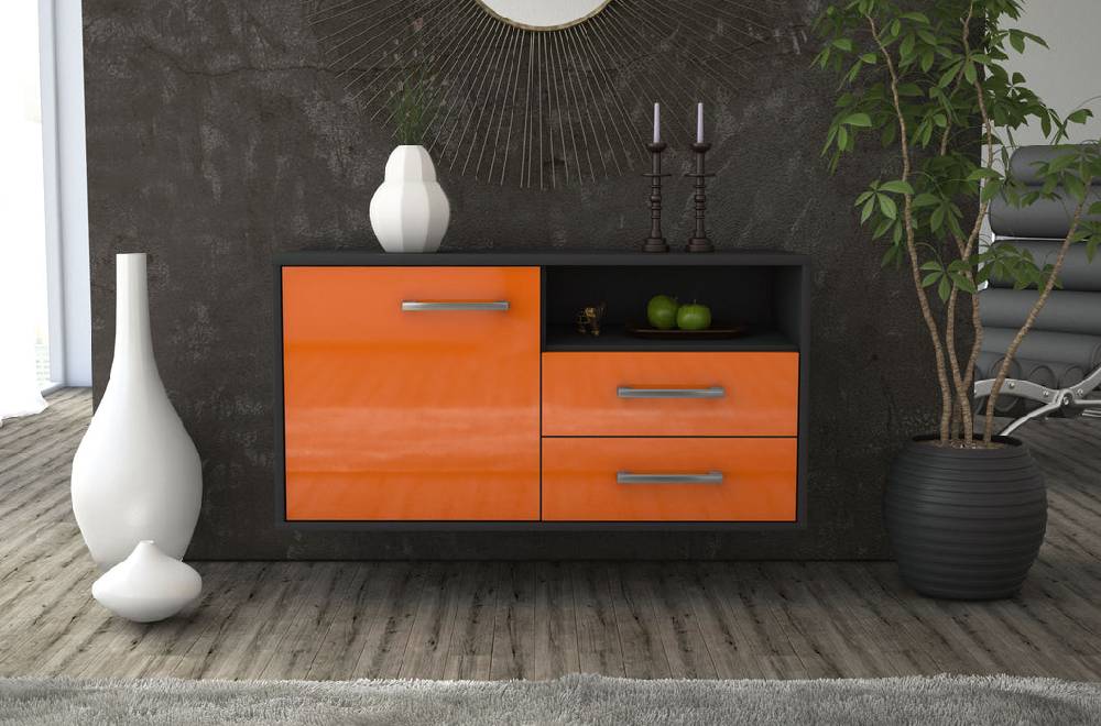 Stil Zeit Möbel Lowboard Memphis, Orange, hängend mit Griffen (92x49x35cm) Letzte 2 Tage
