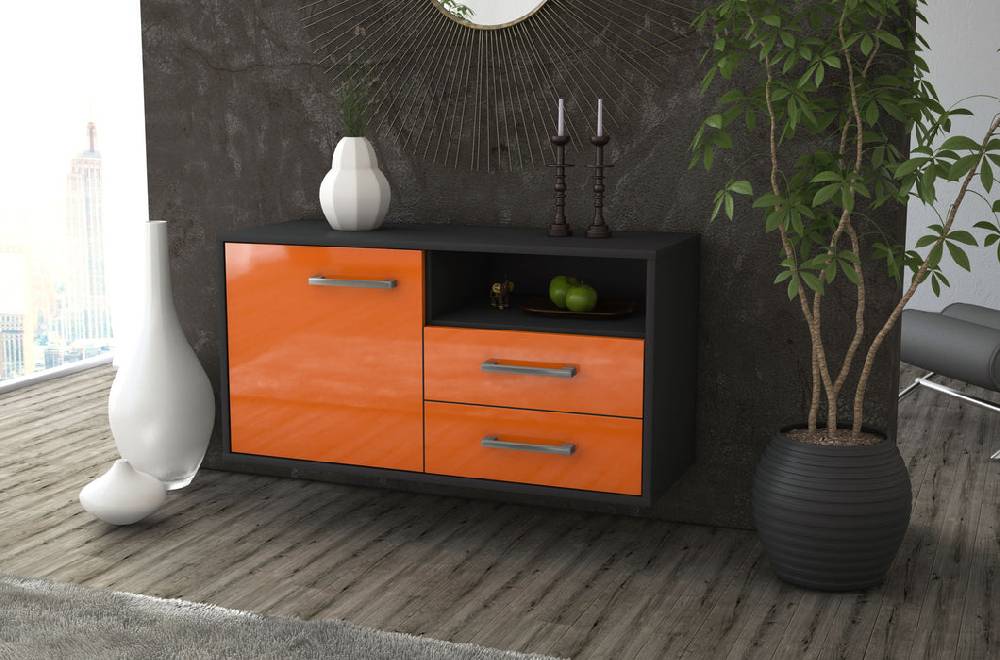 Stil Zeit Möbel Lowboard Memphis, Orange, hängend mit Griffen (92x49x35cm) Letzte 2 Tage