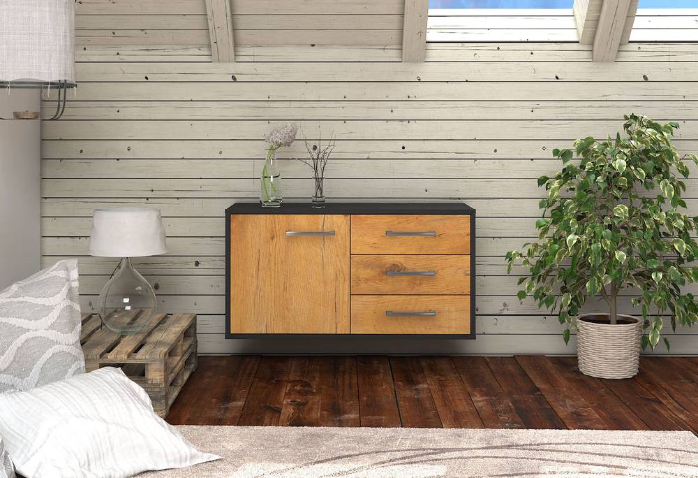 Stil Zeit Möbel Lowboard Fort Worth, Eiche, hängend mit Griffen (92x49x35cm) zollfrei