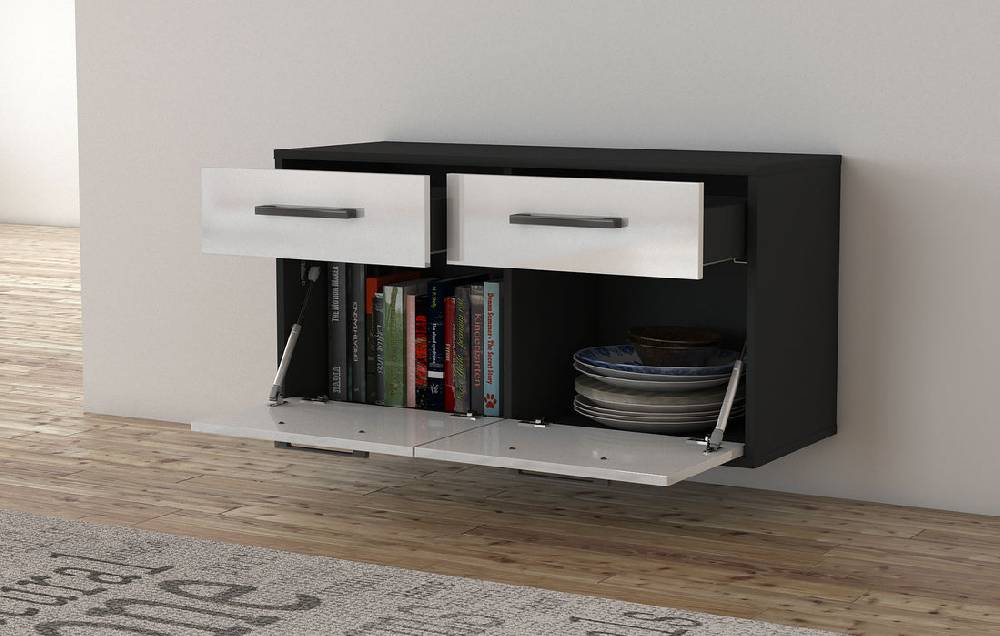Stil Zeit Möbel Lowboard Austin, Schwarz, hängend mit Griffen (92x49x35cm) im Angebot