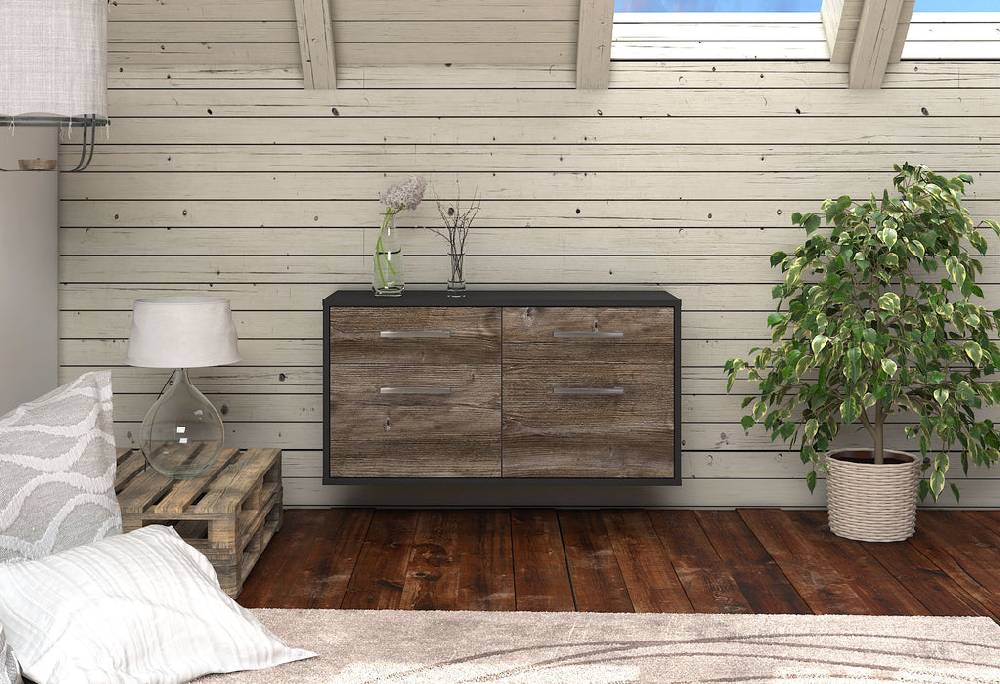 Stil Zeit Möbel Lowboard Austin, Treibholz, hängend mit Griffen (92x49x35cm) Fabrikverkauf