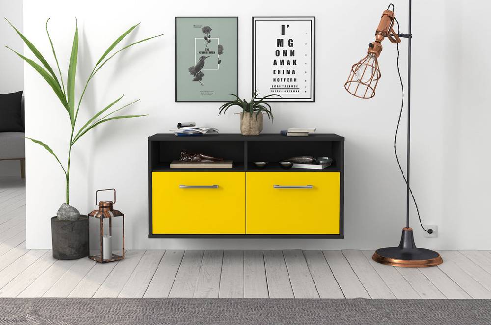 Stil Zeit Möbel Lowboard Columbus, Gelb, hängend mit Griffen (92x49x35cm) Günstig kaufen