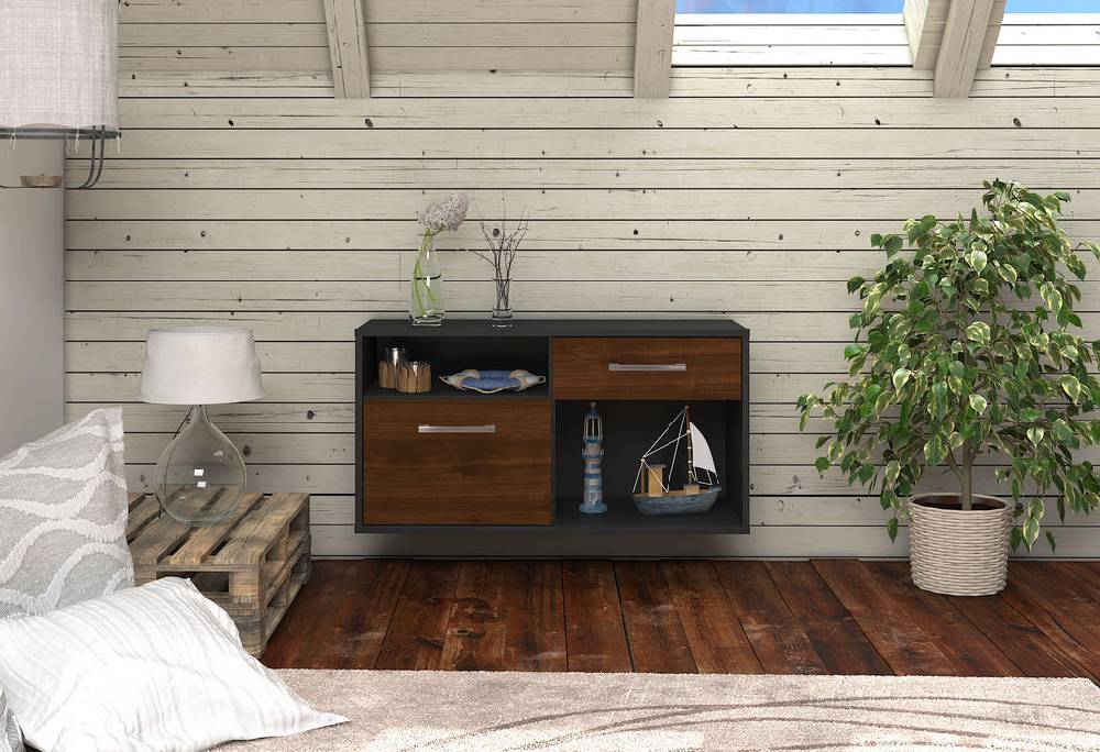 Stil Zeit Möbel Lowboard San Francisco, Walnuss, hängend mit Griffen (92x49x35cm) Saisonale Angebote