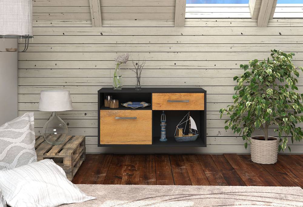 Stil Zeit Möbel Lowboard San Francisco, Eiche, hängend mit Griffen (92x49x35cm) Räumungsverkauf